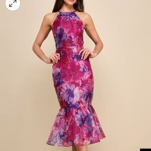 Lulu’s Admirable Essence Magenta Floral Organza Trumpet Midi Dress